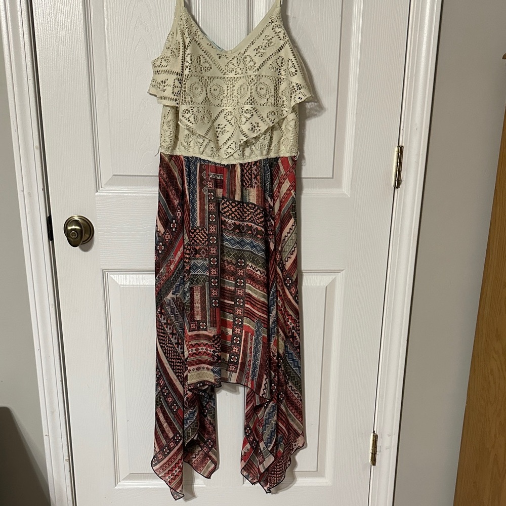 Maurices Cream and Multicolored  Patterned Shark Hem Dress
